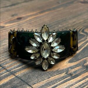 Vintage Crystal Flower Statement Bracelet in Dark Green and Tortoise